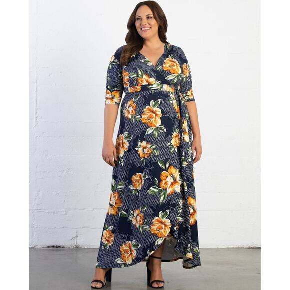 Kiyonna Dress Meadow Dream Style Blue Floral 5X Maxi True Wrap Party Versatile - Picture 1 of 10